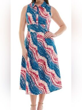 Nicole Miller Tie Dye Wave Shirtdress Red/White/Blue Medium NWT IN PACKAGE